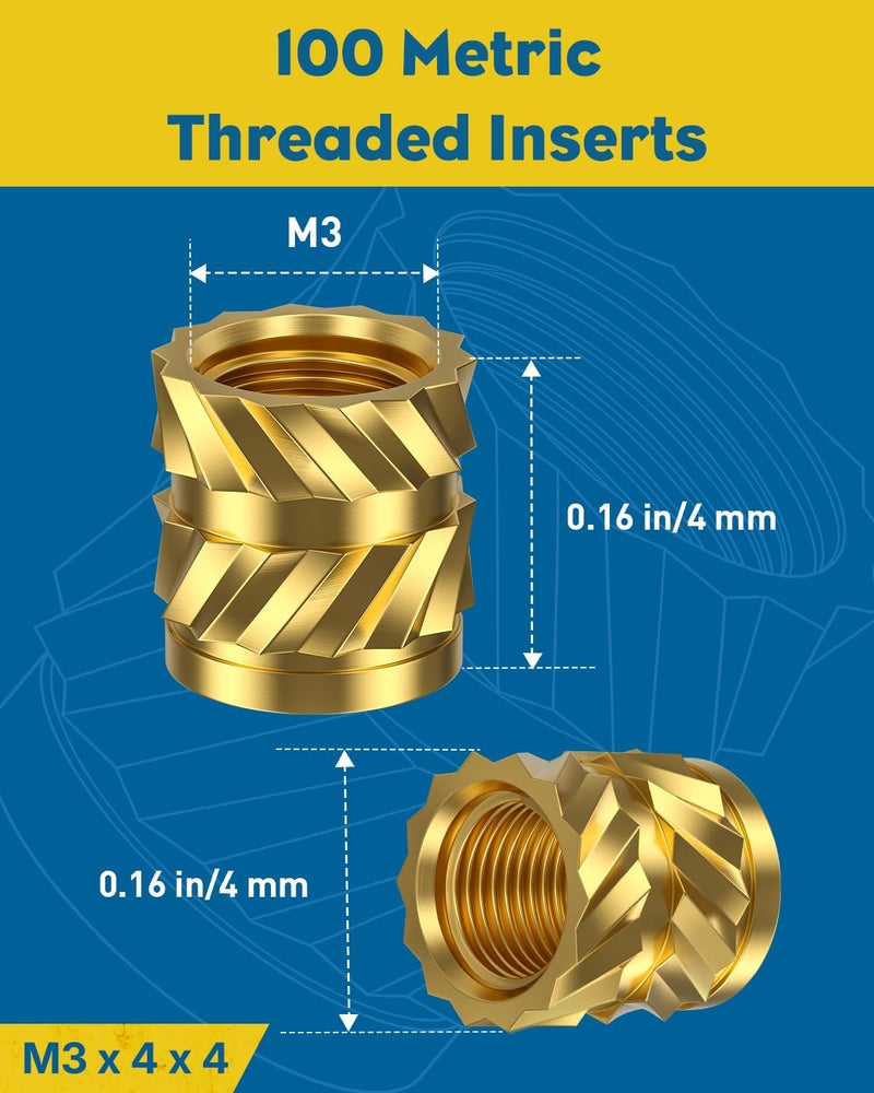 Vibit 100 Pcs Threaded Inserts Set for Plastic, M3 Heat Set Inserts with Soldering Tip & Adapter, Brass Heat Inserts, Metric Knurled Nut Inserts Kit for 3D Printing Components - Image 2